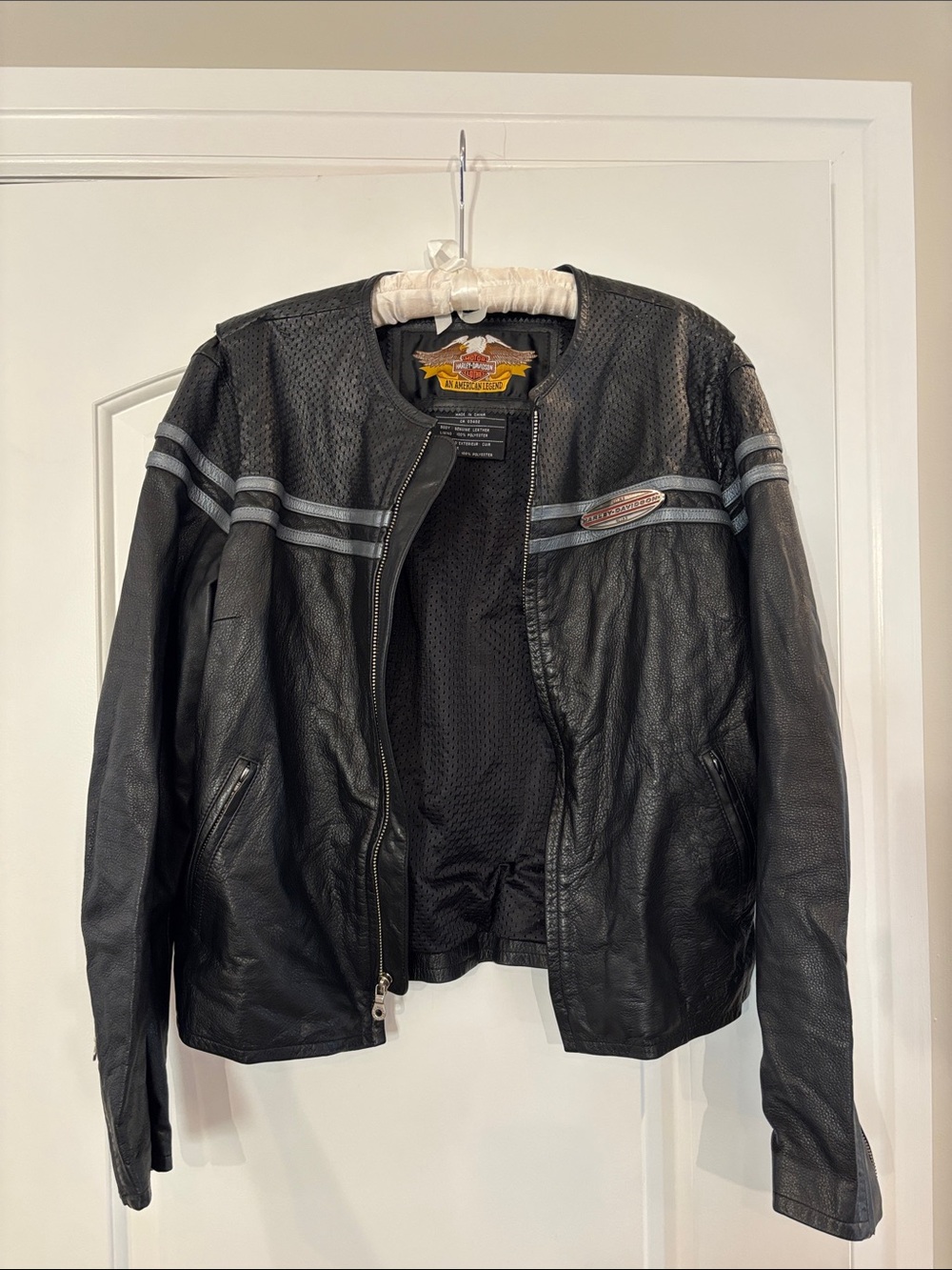 Harley-Davidson Black Leather Bomber Jacket with Gray Racing Stripes